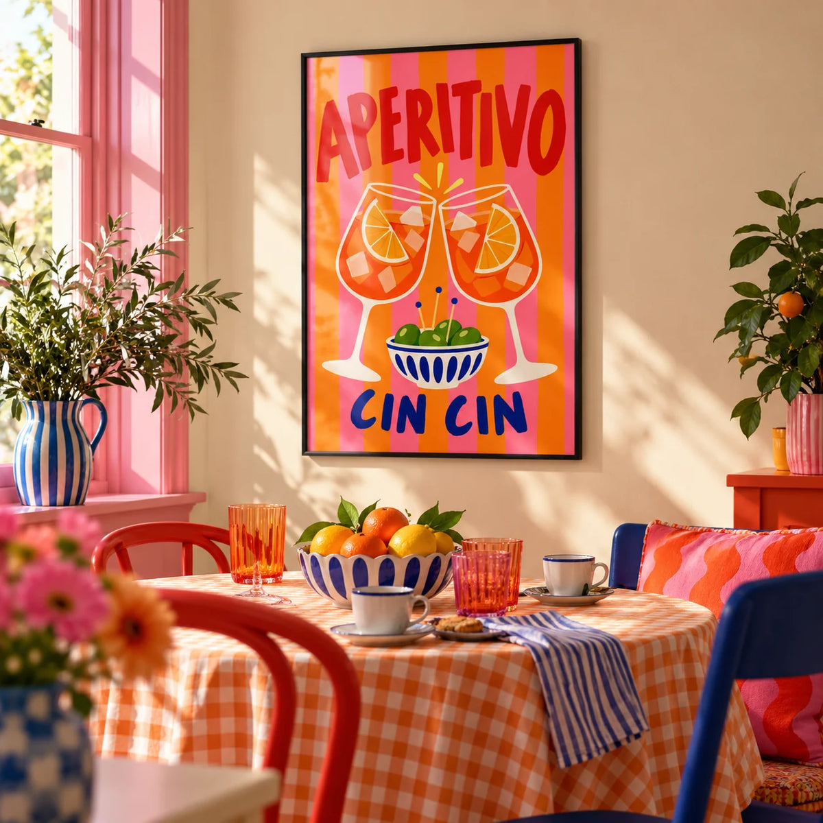 Cin Cin Print, framed on the wall of a bright breakfast nook in a kitchen