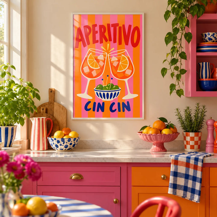 Cin Cin Print, framed on the wall of a colourful dopamine kitchen