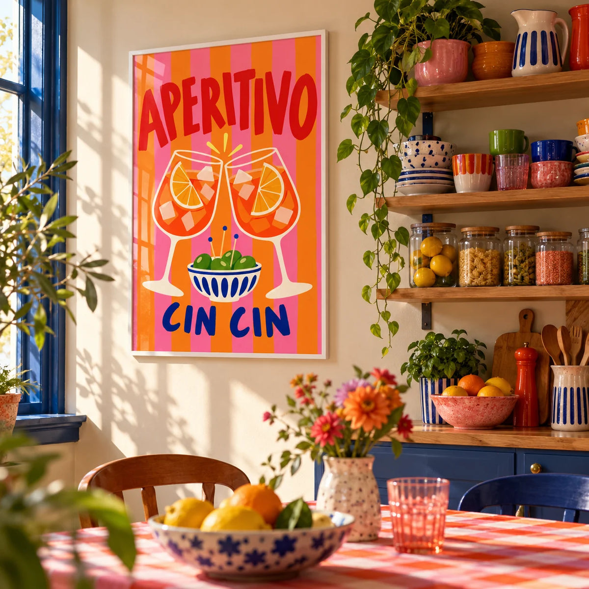 Cin Cin Print, framed on the wall of a fun kitchen corner