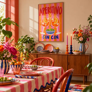 Cin Cin Print, framed on the wall of a maximalist dining room