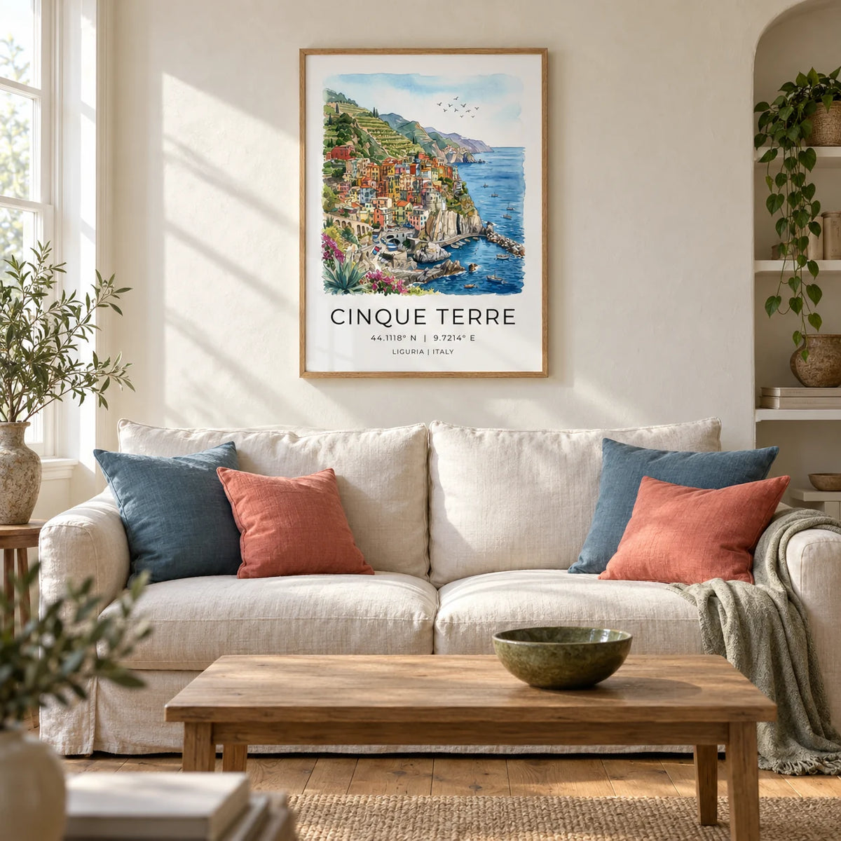 Cinque Terre Art Print, framed on the wall of a warm coastal living room in a UK Victorian terrace with ivory limewashed walls and oak floorboards