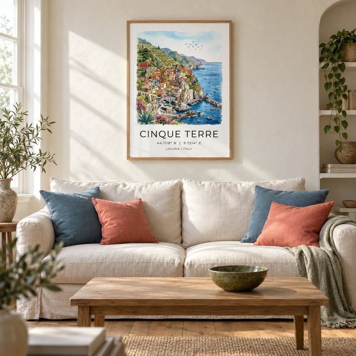 Cinque Terre Art Print, framed on the wall of a warm coastal living room in a UK Victorian terrace with ivory limewashed walls and oak floorboards