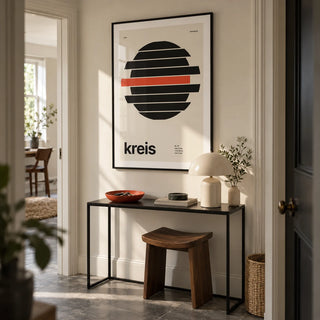 Circle Print, framed on the wall of a compact architectural hallway in a UK first flat for a design enthusiast (25-35)