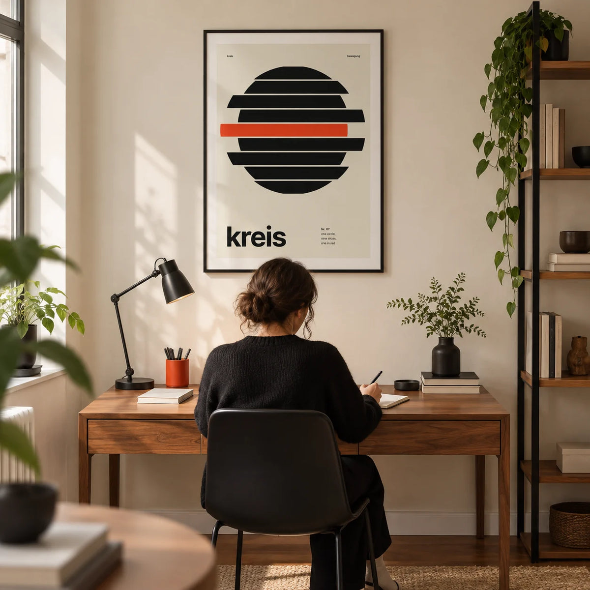 Circle Print, framed on the wall of a design-led home study in a UK city flat with a warm white wall and walnut floor