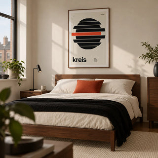 Circle Print, framed on the wall of a modern bedroom in a UK city flat with a warm white wall and walnut furniture