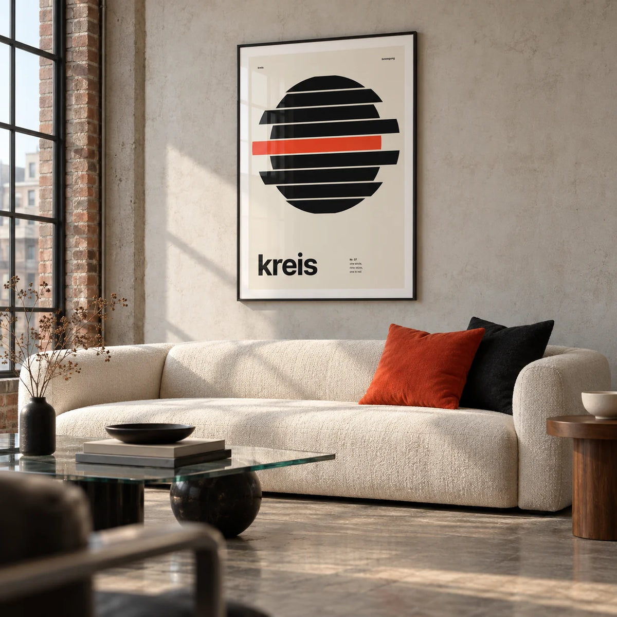Circle Print, framed on the wall of a modern living room in a converted UK warehouse flat with a pale concrete wall and tall windows