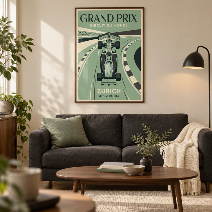 Circuit Of Zurich Print, framed on the wall of a modern living room in a UK city flat with a warm cream wall