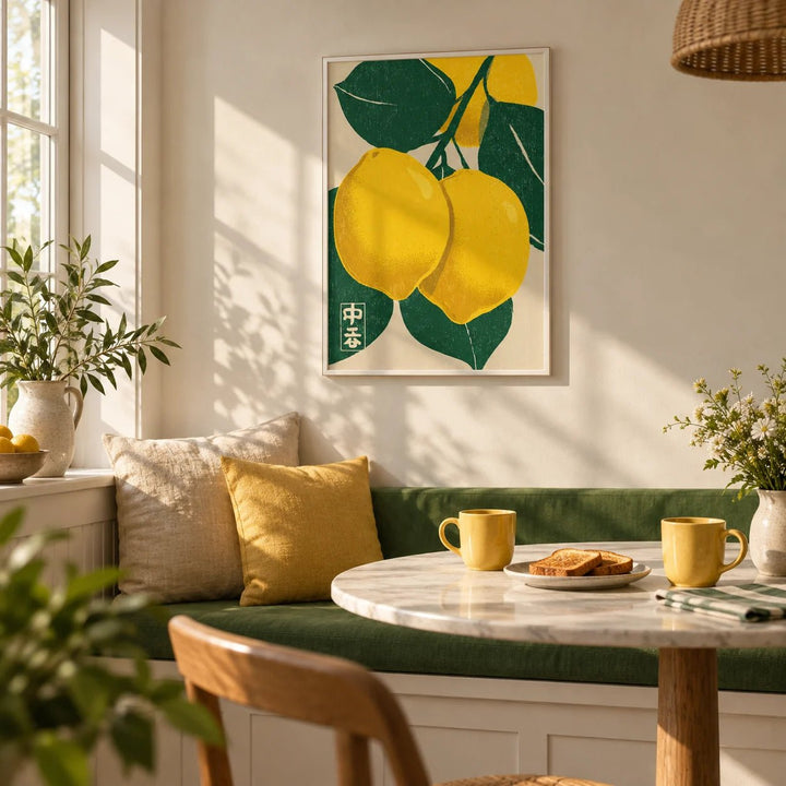 Large Citrus Fruit Art Print, framed on the wall of a breakfast nook in a kitchen