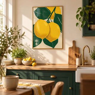 Large Citrus Fruit Art Print, framed on the wall of a bright modern kitchen with deep green cabinets