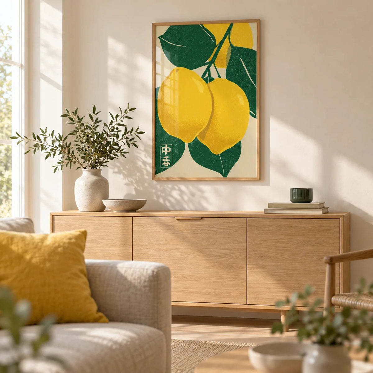 Large Citrus Fruit Art Print, framed on the wall of a bright Scandinavian living room