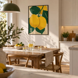 Large Citrus Fruit Art Print, framed on the wall of a open-plan kitchen-diner