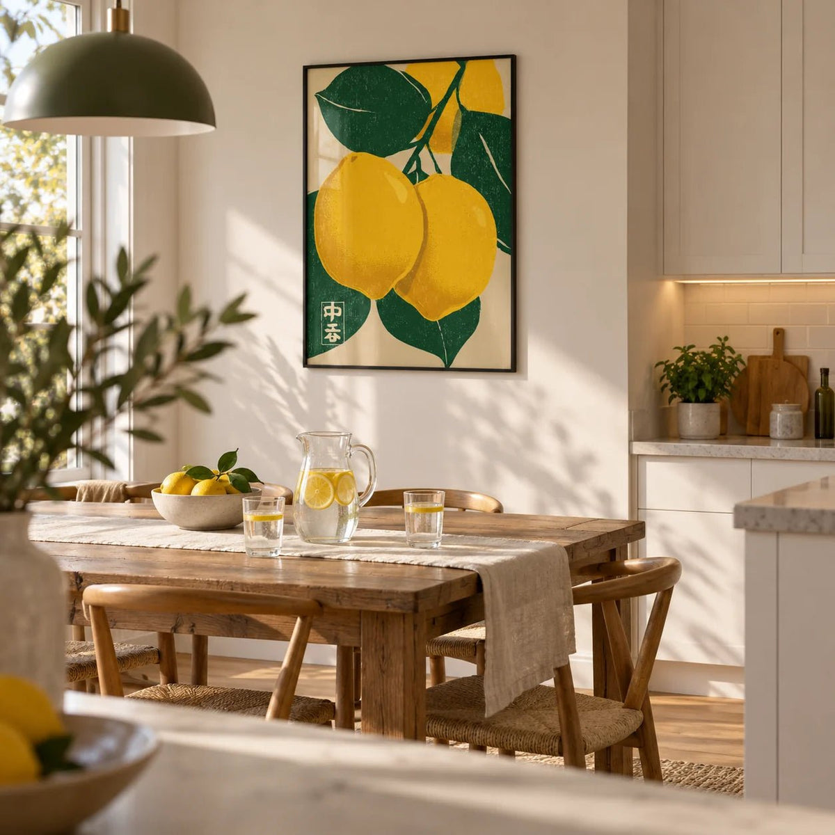 Large Citrus Fruit Art Print, framed on the wall of a open-plan kitchen-diner
