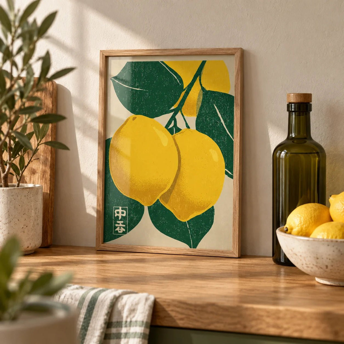 Large Citrus Fruit Art Print, a small A4 framed print leaning on an oak worktop in a kitchen