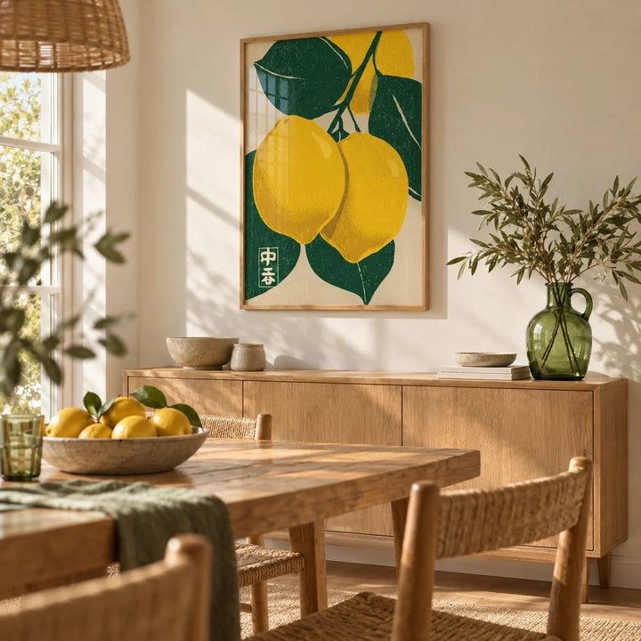 Large Citrus Fruit Art Print, framed on the wall of a sunny dining room