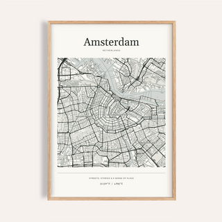 Amsterdam Map Print — Personalised City Atlas · Natural wood frame example