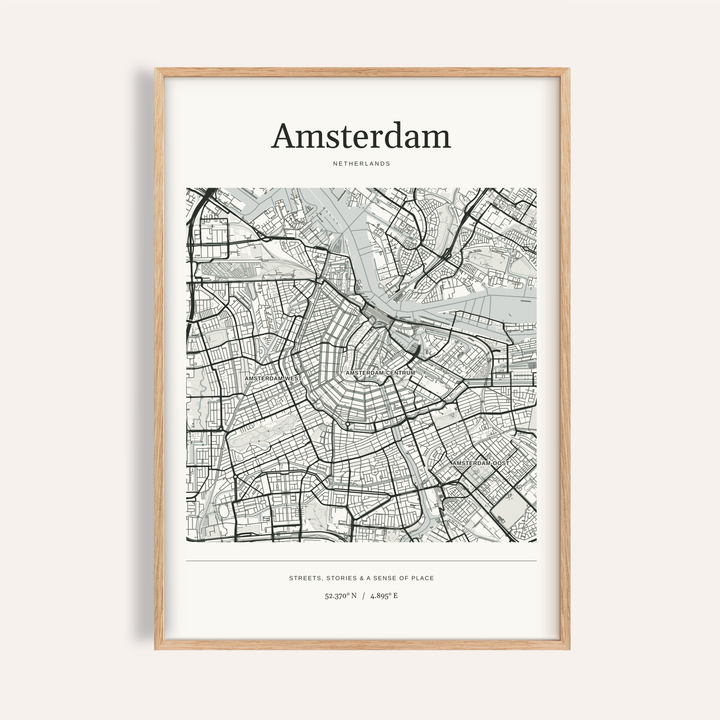 Amsterdam Map Print — Personalised City Atlas · Natural wood frame example