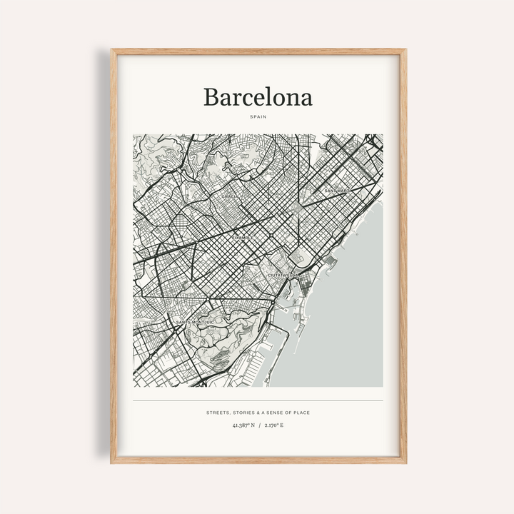 Barcelona Map Print — Personalised City Atlas · Natural wood frame example