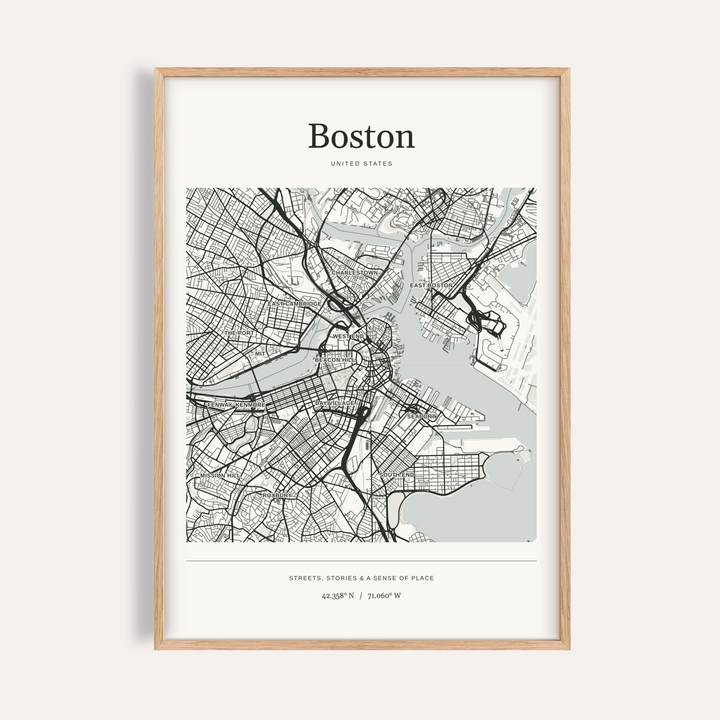 Boston Map Print — Personalised City Atlas · Natural wood frame example