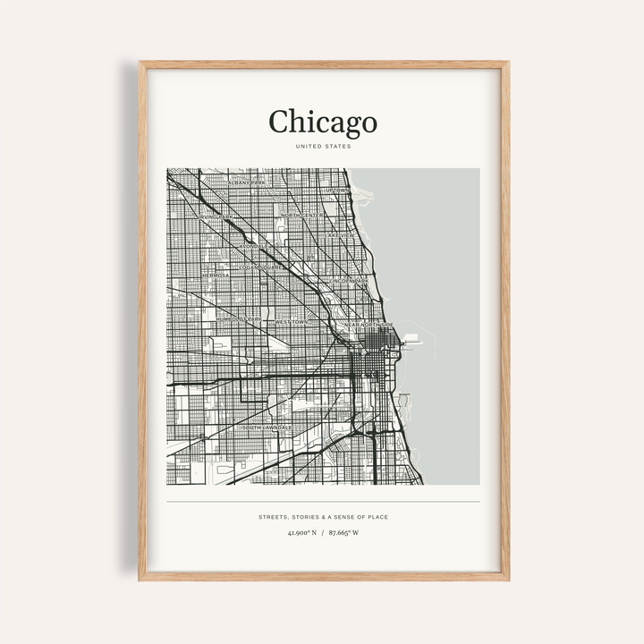 Chicago Map Print — Personalised City Atlas · Natural wood frame example