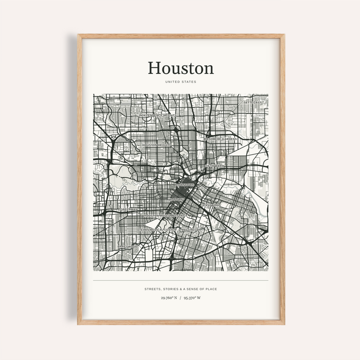 Houston Map Print — Personalised City Atlas · Natural wood frame example