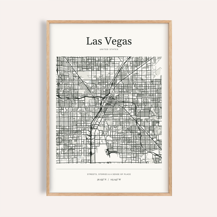Las Vegas Map Print — Personalised City Atlas · Natural wood frame example