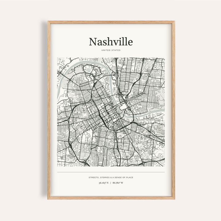 Nashville Map Print — Personalised City Atlas · Natural wood frame example