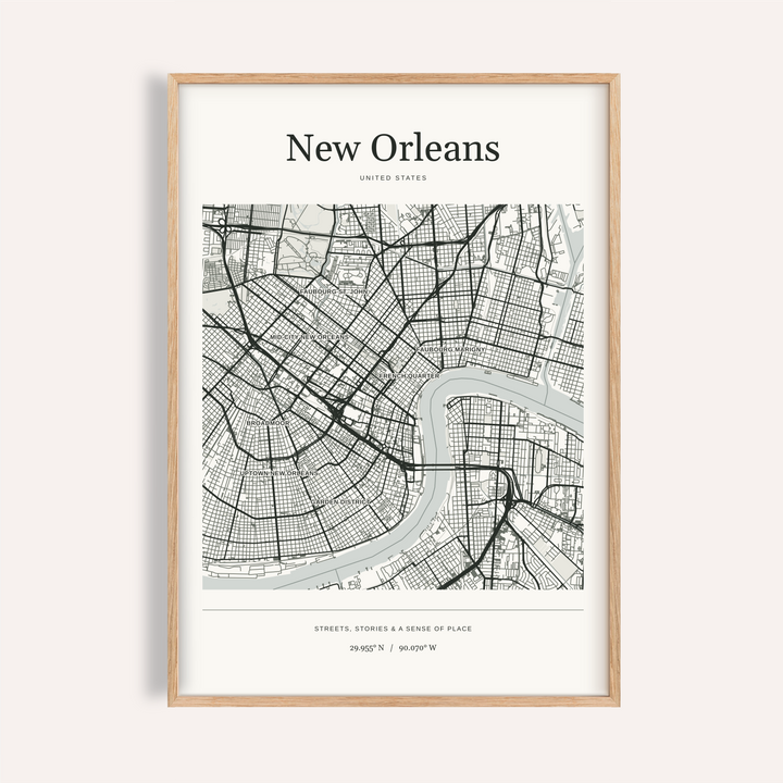 New Orleans Map Print — Personalised City Atlas · Natural wood frame example