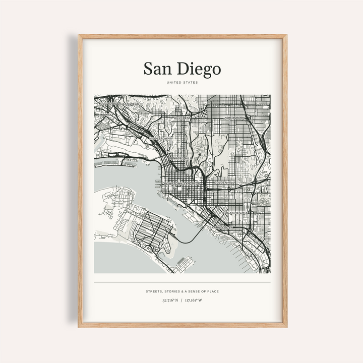 San Diego Map Print — Personalised City Atlas · Natural wood frame example
