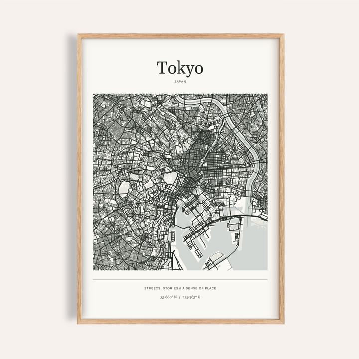Tokyo Map Print — Personalised City Atlas · Natural wood frame example