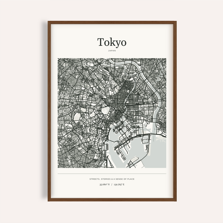 Tokyo Map Print — Personalised City Atlas · Dark wood · finish preview