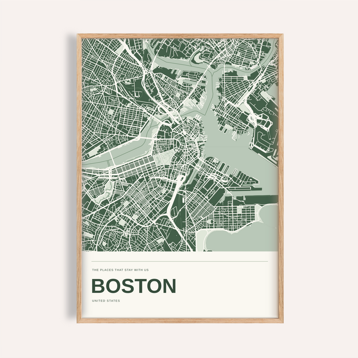 Boston Colour Map Print — Personalised Wall Art · Natural wood frame example