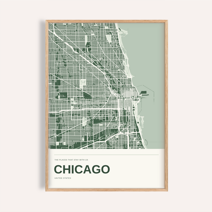 Chicago Colour Map Print — Personalised Wall Art · Natural wood frame example