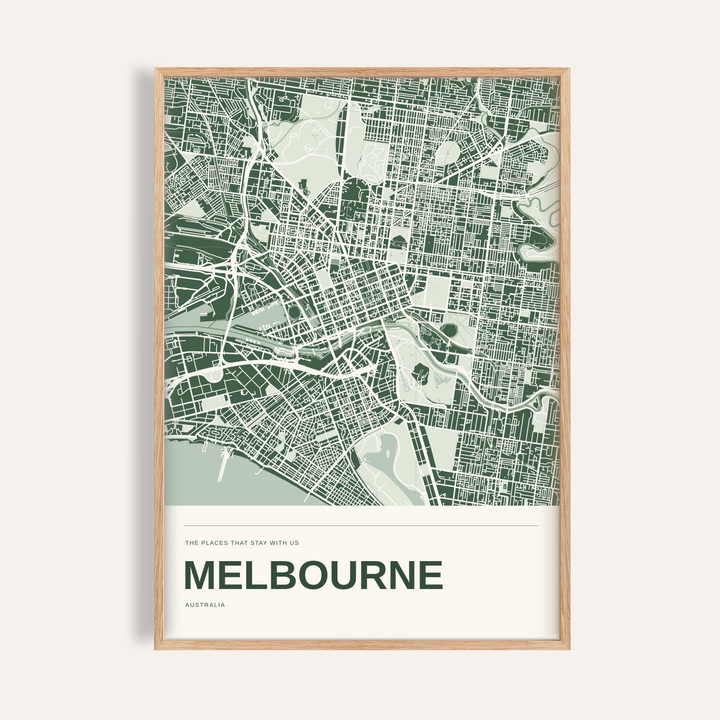 Melbourne Colour Map Print — Personalised Wall Art · Natural wood frame example