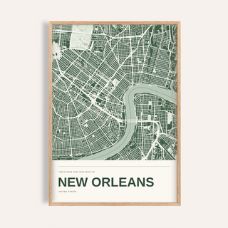 New Orleans Colour Map Print — Personalised Wall Art · Natural wood frame example