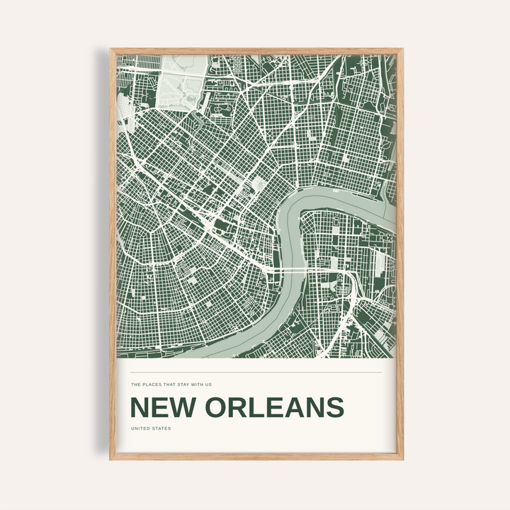 New Orleans Colour Map Print — Personalised Wall Art · Natural wood frame example