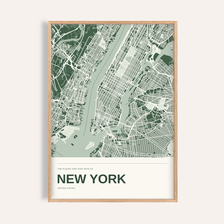 New York City Colour Map Print — Personalised Wall Art · Natural wood frame example