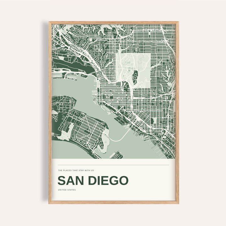 San Diego Colour Map Print — Personalised Wall Art · Natural wood frame example