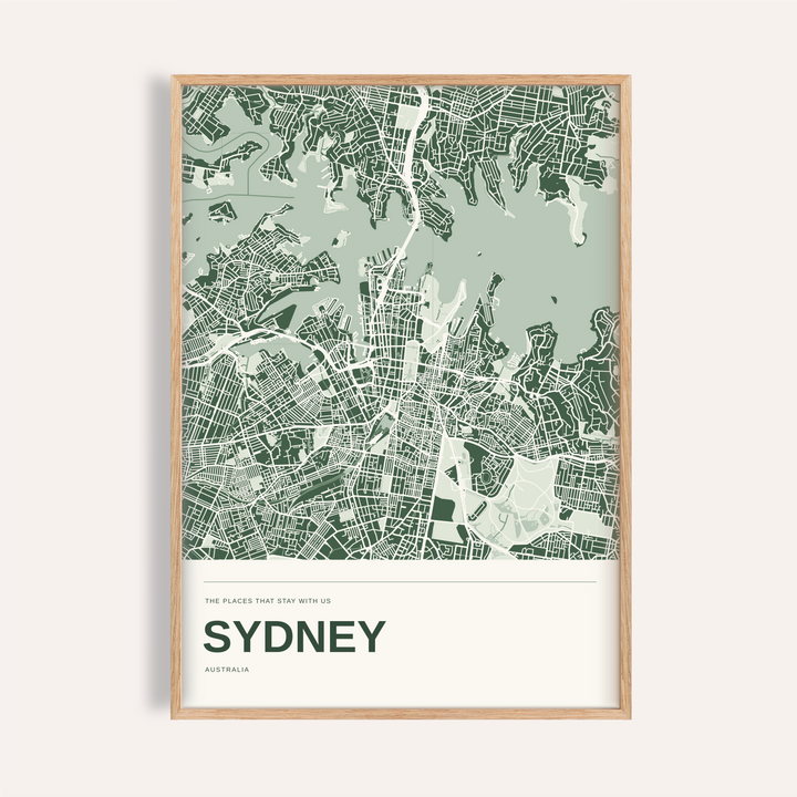 Sydney Colour Map Print — Personalised Wall Art · Natural wood frame example