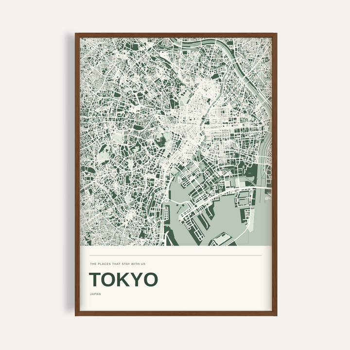 Tokyo Colour Map Print — Personalised Wall Art · Dark wood · finish preview