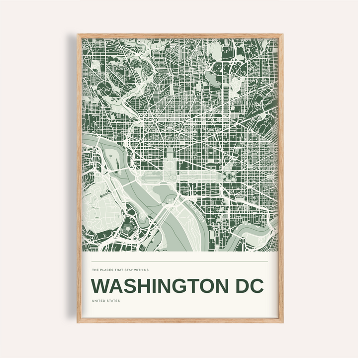 Washington DC Colour Map Print — Personalised Wall Art · Natural wood frame example