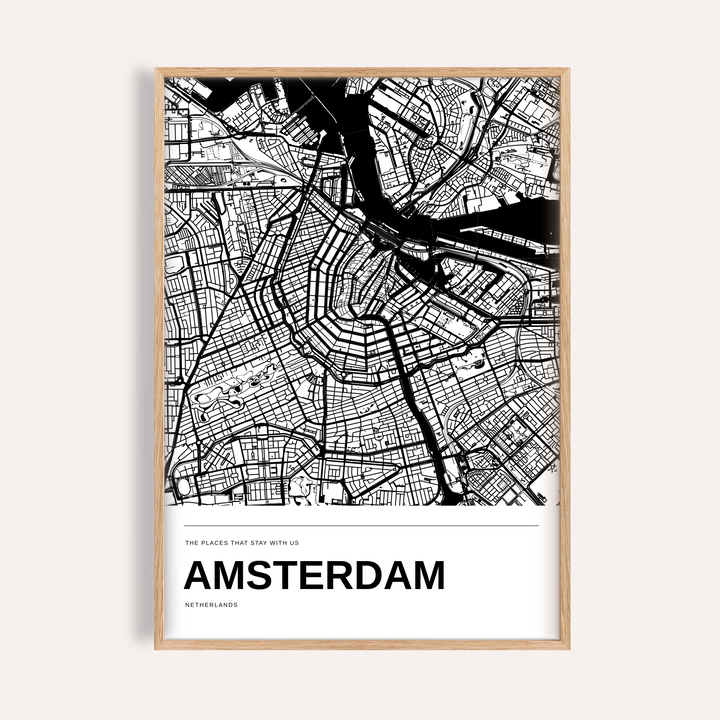 Amsterdam Black and White Map Print — Personalised · Natural wood frame example