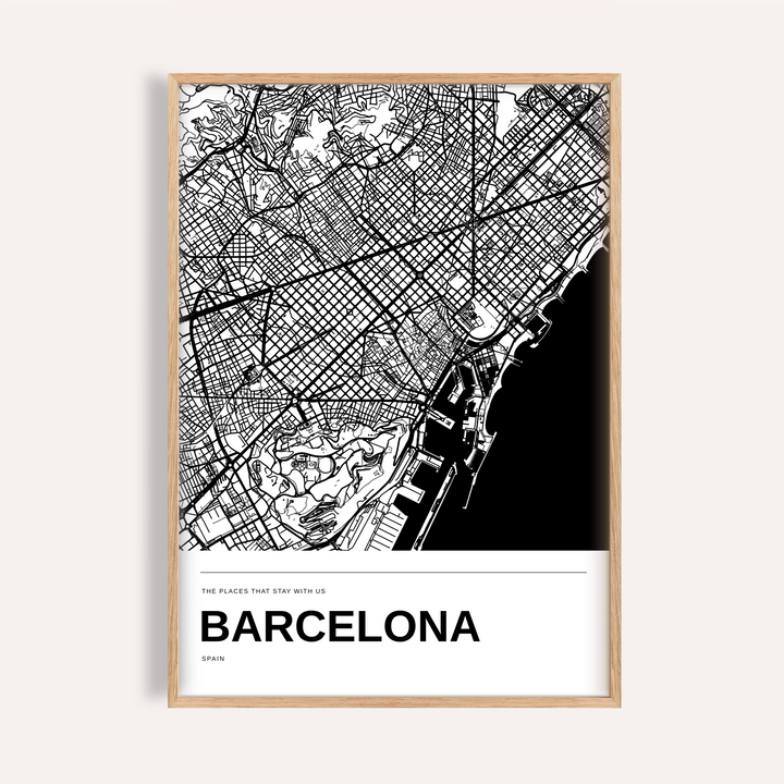 Barcelona Black and White Map Print — Personalised · Natural wood frame example