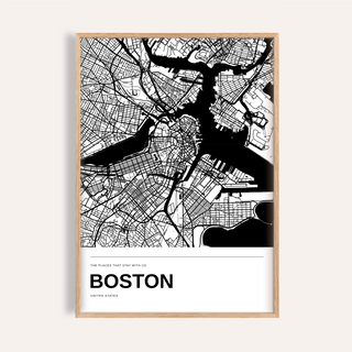 Boston Black and White Map Print — Personalised · Natural wood frame example