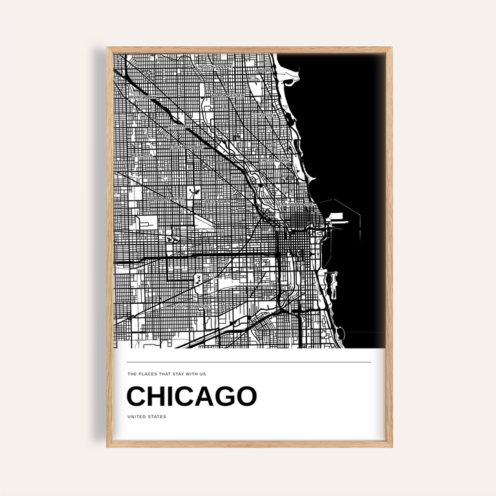 Chicago Black and White Map Print — Personalised · Natural wood frame example