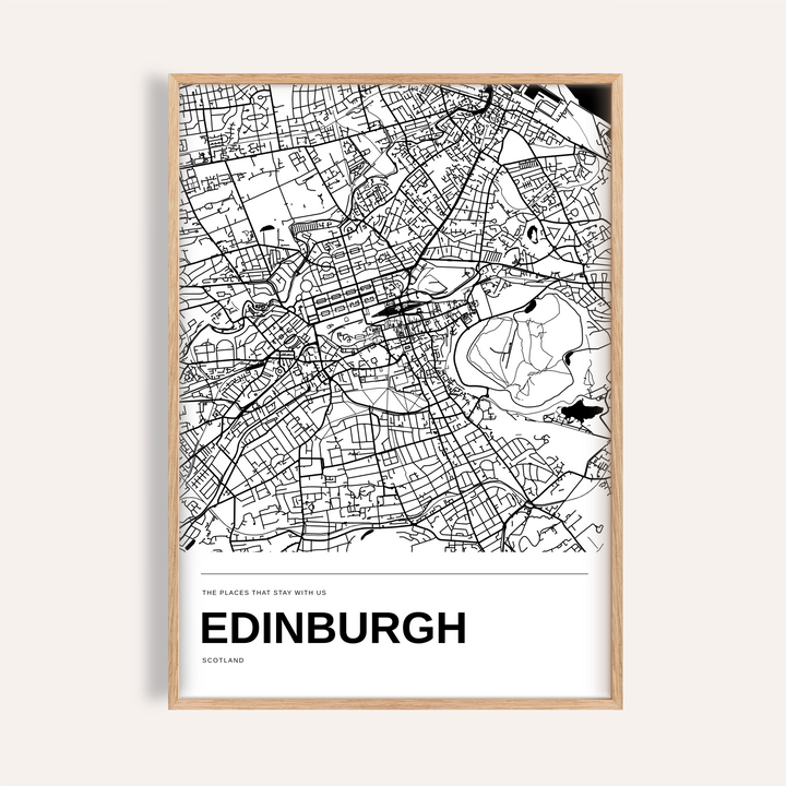 Edinburgh Personalised Map Print — Black & White · Natural wood frame example