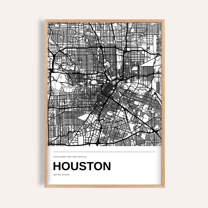 Houston Black and White Map Print — Personalised · Natural wood frame example