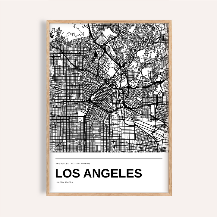 Los Angeles Black and White Map Print — Personalised · Natural wood frame example