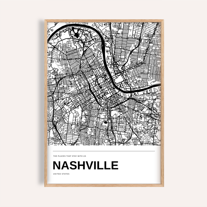 Nashville Black and White Map Print — Personalised · Natural wood frame example