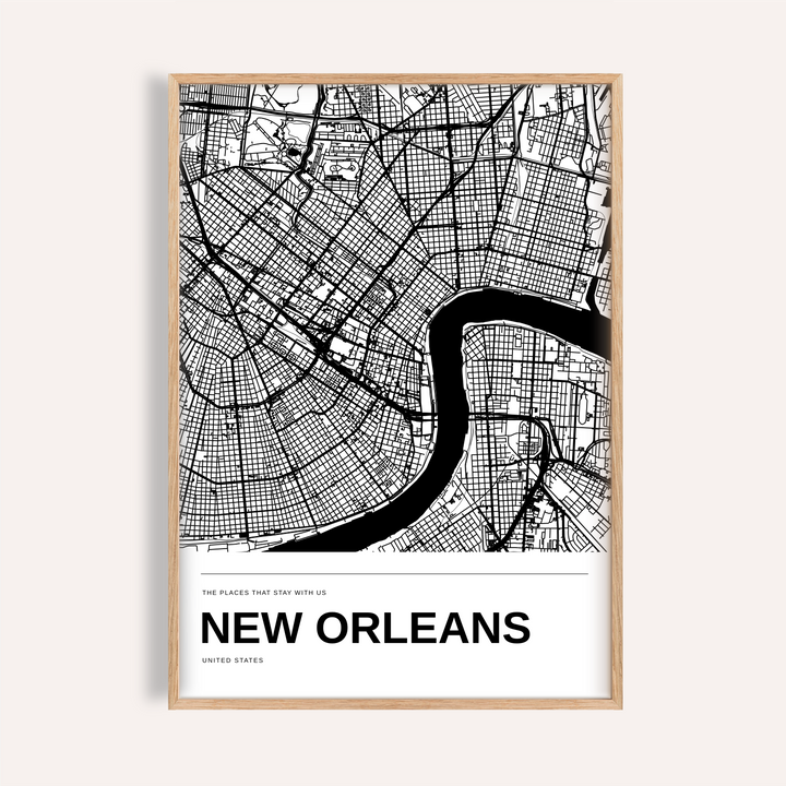 New Orleans Black and White Map Print — Personalised · Natural wood frame example