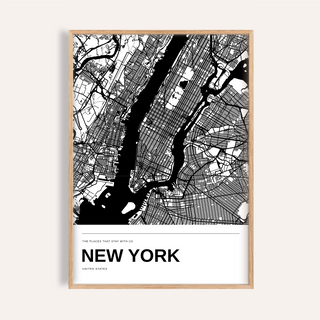 New York City Black and White Map Print — Personalised · Natural wood frame example